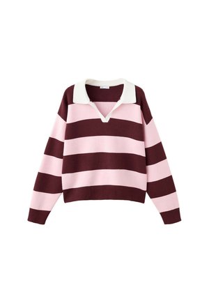 Maillot de rugby à manches longues avec larges rayures horizontales roses et bordeaux et col ouvert blanc.