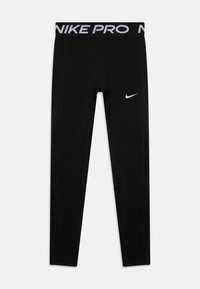 Leggings Nike Pro noirs en matière extensible avec un logo Nike blanc sur le côté gauche et une ceinture contrastante affichant "NIKE PRO" en gris.