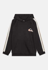 Black hoodie with a front pocket, white and beige side stripes, and a small logo on the chest. Made of soft fabric with a relaxed fit.