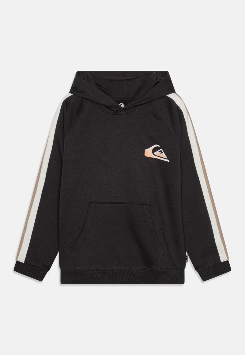 Black hoodie with a front pocket, white and beige side stripes, and a small logo on the chest. Made of soft fabric with a relaxed fit.