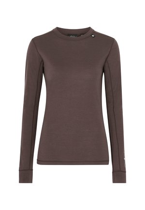 Brun langærmet top i et glat stof. Har en rund halsudskæring, subtile syninger og en lille logoaccent nær halsudskæringen.