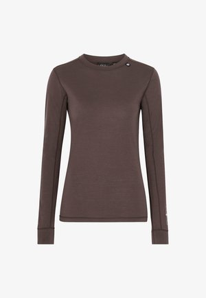 Bruine lange mouwen top van een gladde stof. Heeft een ronde hals, subtiele stikdetails en een klein logoaccent nabij de halslijn.