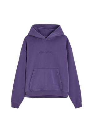 Fioletowy sweatshirt z miękkiego materiału, z przednią kieszenią, ribbowanymi mankietami i wytłoczonym logo "COALITION" na klatce piersiowej.