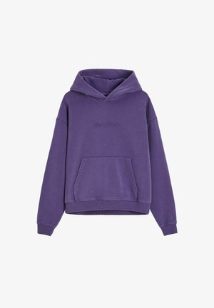 Fioletowy sweatshirt z miękkiego materiału, z przednią kieszenią, ribbowanymi mankietami i wytłoczonym logo "COALITION" na klatce piersiowej.