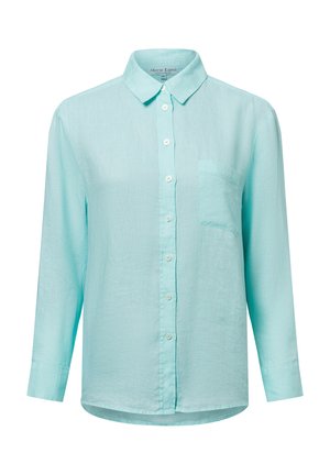 Hellblaues langärmliges Hemd aus leichtem Stoff. Verfügt über eine Knopfleiste, einen spitzen Kragen und eine Brusttasche auf der linken Seite.