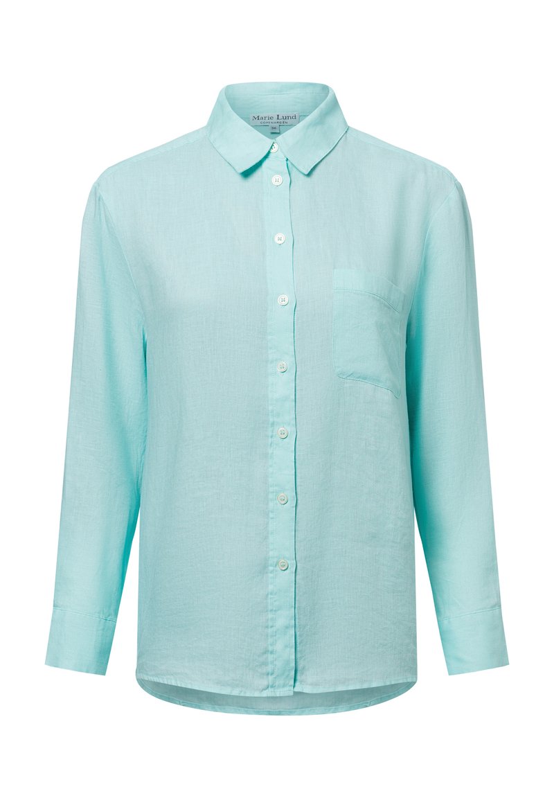 Light blue long-sleeve shirt made of a lightweight fabric. Features a button-down front, a pointed collar, and a left chest pocket.