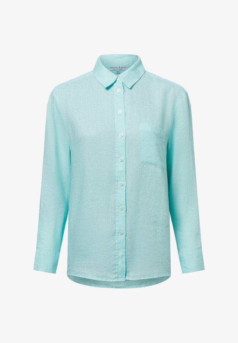Light blue long-sleeve shirt made of a lightweight fabric. Features a button-down front, a pointed collar, and a left chest pocket.