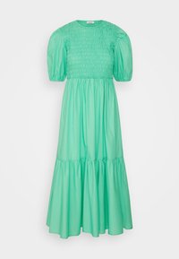 Vestido verde menta com corpete franzido, mangas bufantes e saia em camadas. Feito de um tecido leve, apresenta um corte descontraído.