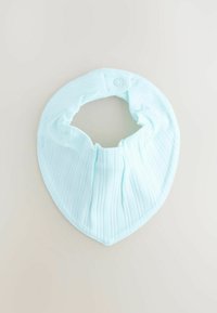 Light blue ribbed fabric neck wrap with a rounded, bandana-like shape and snap button closure. Features soft texture and flexible design.