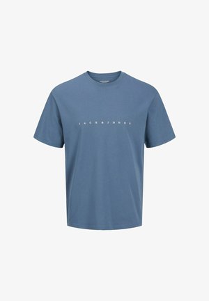 T-shirt in cotone blu con maniche corte e scollo rotondo. Presenta la scritta "JACK&JONES" stampata in bianco sul petto. Design semplice.