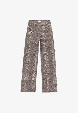 Jean large avec motif léopard dans une palette de couleurs beige et marron clair, doté d'une fermeture à bouton et d'un design à cinq poches. Matière en coton.