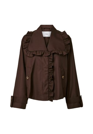 Pruun jakk suure volditud kraega, nööpide sulgemisega ja kahe esitaskuga. Kangas on siledat tekstuuri ja struktureeritud disainiga.