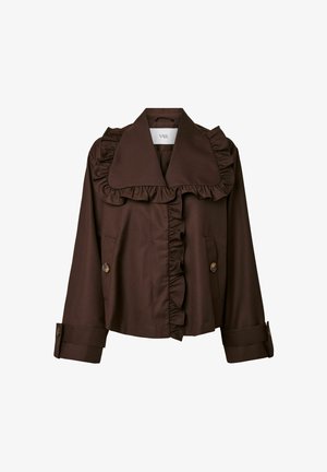 Pruun jakk suure volditud kraega, nööpide sulgemisega ja kahe esitaskuga. Kangas on siledat tekstuuri ja struktureeritud disainiga.