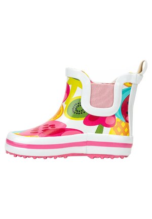 Colorful waterproof ankle boot in white, featuring a floral pattern in pink, yellow, and green. Pink outsole with textured tread.