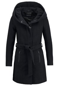 Black coat with a large, fold-over hood, front zip closure, and side zippered pockets. Features a cinched waist with a matching fabric belt.