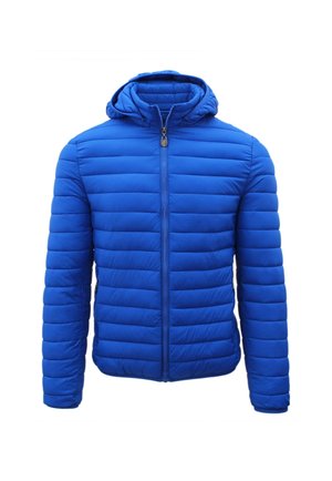 Giacca imbottita trapuntata blu con zip frontale e cappuccio attaccato, mostrata su sfondo bianco senza persona.