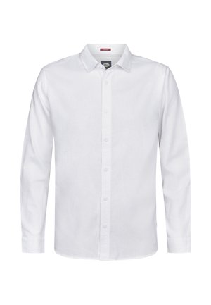 Camisa blanca de manga larga hecha de algodón, con cuello clásico, cierre frontal con botones y puños con botones. Textura suave, sin estampados.