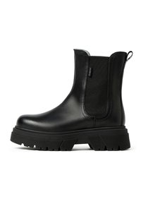 Zwarte leren enkelboots met elastische zijpanelen, een stevige rubberen zool, ronde neus en een lus aan de achterkant voor gemakkelijk aan- en uittrekken.