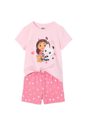 Pink short-sleeve top with girl hugging a cat and teddy bear print, paired with pink shorts patterned with white hearts.