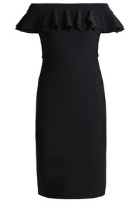 Czarna sukienka bez ramiączek z falbaną na dekolcie i dopasowanym krojem. Wykonana z gładkiego materiału, długość do kolan z eleganckim fasonem.