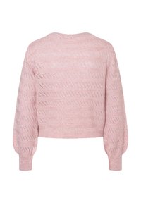Rosa gestrickter Pullover mit einem verkürzten Design, das ein strukturiertes Muster und lange, puffige Ärmel aufweist. Rundhalsausschnitt und gerippte Bündchen.