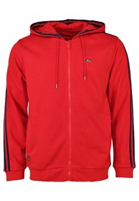 Rød zip-up hoodie lavet af bomuldsblandning. Har en hætte med snoretræk, marineblå striber langs ærmerne og et lille logo på brystet.