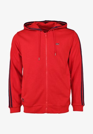 Punainen vetoketjullinen huppari, joka on valmistettu puuvillasekoitteesta. Varustettu kiristettävällä hupulla, laivastonsinisin raidoilla hihoissa ja pienellä logolla rinnassa.