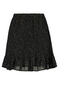 Falda negra con lunares blancos, cintura elástica y dobladillo con volantes. Hecha de tela ligera con una textura transparente.