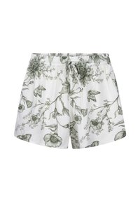 Witte shorts met elastische taille, versierd met een donkergroen bloemen- en vlinderprint en een verstelbare koord aan de voorkant.