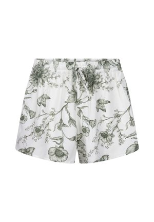 Witte shorts met elastische taille, versierd met een donkergroen bloemen- en vlinderprint en een verstelbare koord aan de voorkant.