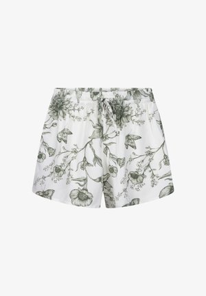 Witte shorts met elastische taille, versierd met een donkergroen bloemen- en vlinderprint en een verstelbare koord aan de voorkant.