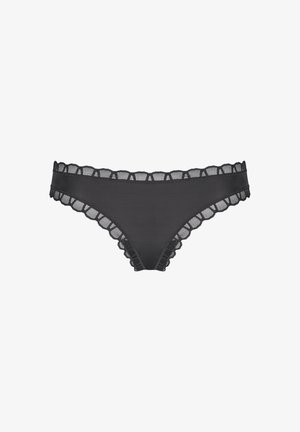 Black underwear with a sheer lace trim, featuring scalloped edges and a smooth body. Designed in a low-rise cut for comfort.