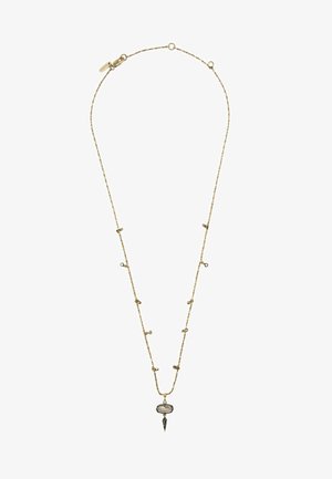 Zarte goldene Halskette mit kleinen runden goldenen Perlen, gleichmäßig verteilt, und einem kleinen Anhänger mit einem klaren Edelstein und einem schwarzen spitzen Anhänger.