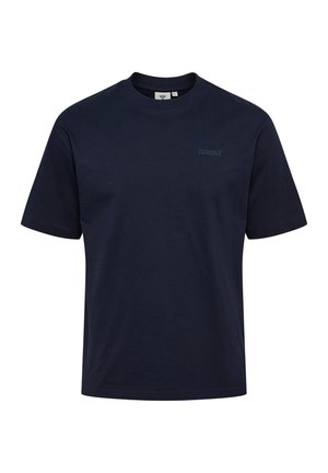 Granatowy T-shirt z krótkim rękawem i okrągłym dekoltem, z subtelnym haftowanym logo marki na lewej piersi.