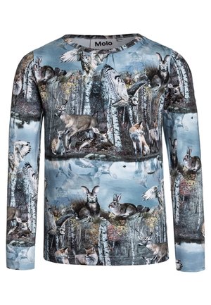 Koszula z długim rękawem z nadrukiem leśnych zwierząt w odcieniach niebieskiego, z wizerunkami jeleni, królików i sów na tle brzozowym.