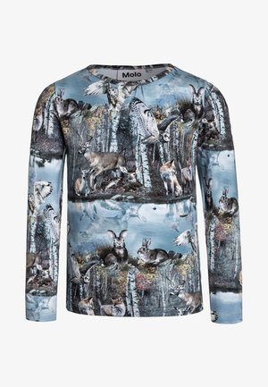 Camicia a maniche lunghe con stampa di animali della foresta, in tonalità di blu con rappresentazioni di cervi, conigli e gufi su uno sfondo di betulle.