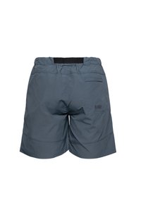 Grijze, lichte shorts met een elastische tailleband en een achterzak. Kenmerkt zich door een subtiele textuur en een klein logo op de achterkant.