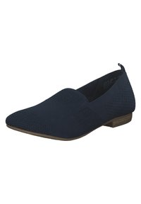 Navy blue slip-on shoes with knitted fabric upper, pointed toe, and subtle textured accents. Low flat heel with a small metallic detail.