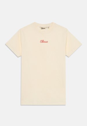 Cream-colored cotton t-shirt with short sleeves, featuring a red embroidered "Ellesse" logo on the left chest area.