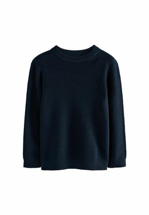 Pull en maille bleu marine foncé à manches longues avec col rond, poignets et ourlet côtelés, présenté sur fond blanc.