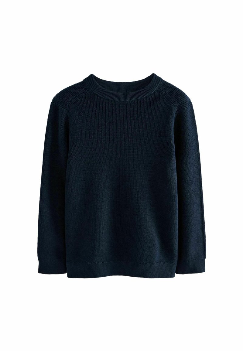 Pull en maille bleu marine foncé à manches longues avec col rond, poignets et ourlet côtelés, présenté sur fond blanc.