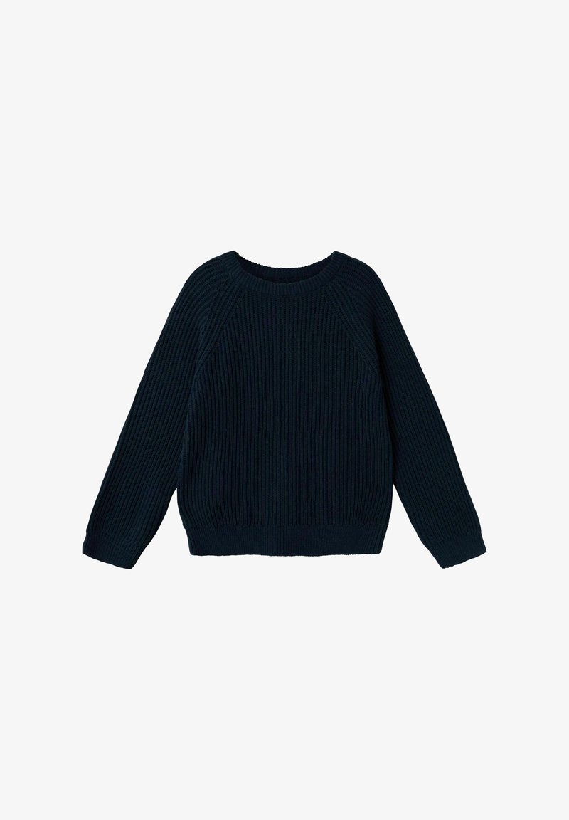 Suéter de punto en un azul marino oscuro, con textura de canalé, escote redondo y largas mangas raglán con un corte holgado y cinturilla.