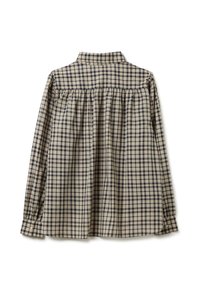Long-sleeve plaid shirt in beige and navy, featuring a buttoned collar, gathered back detail, and buttoned cuffs. Cotton fabric with a smooth texture.