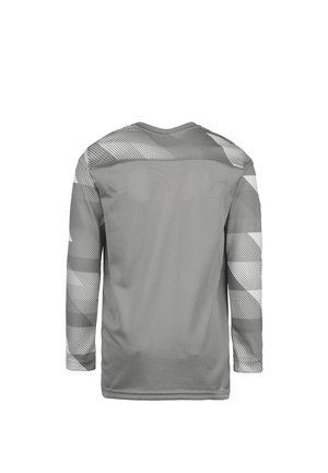 T-shirt de sport à manches longues en gris clair avec un tissu texturé. Présente des motifs de rayures diagonales en gris plus foncé sur les manches et le haut du dos.
