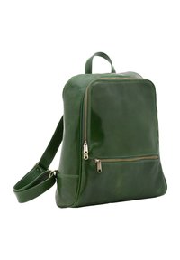 Zaino in pelle verde con una superficie liscia, dotato di una tasca frontale con zip e spallacci regolabili. Design semplice e rettangolare.