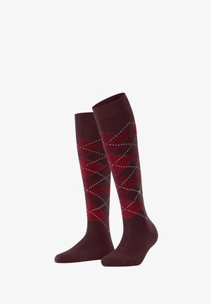Knie-hoge sokken in donker bordeauxrood met een rood en grijs ruitpatroon. Gemaakt van een zachte, rekbare stof met geribbelde boorden en een verstevigde teen.