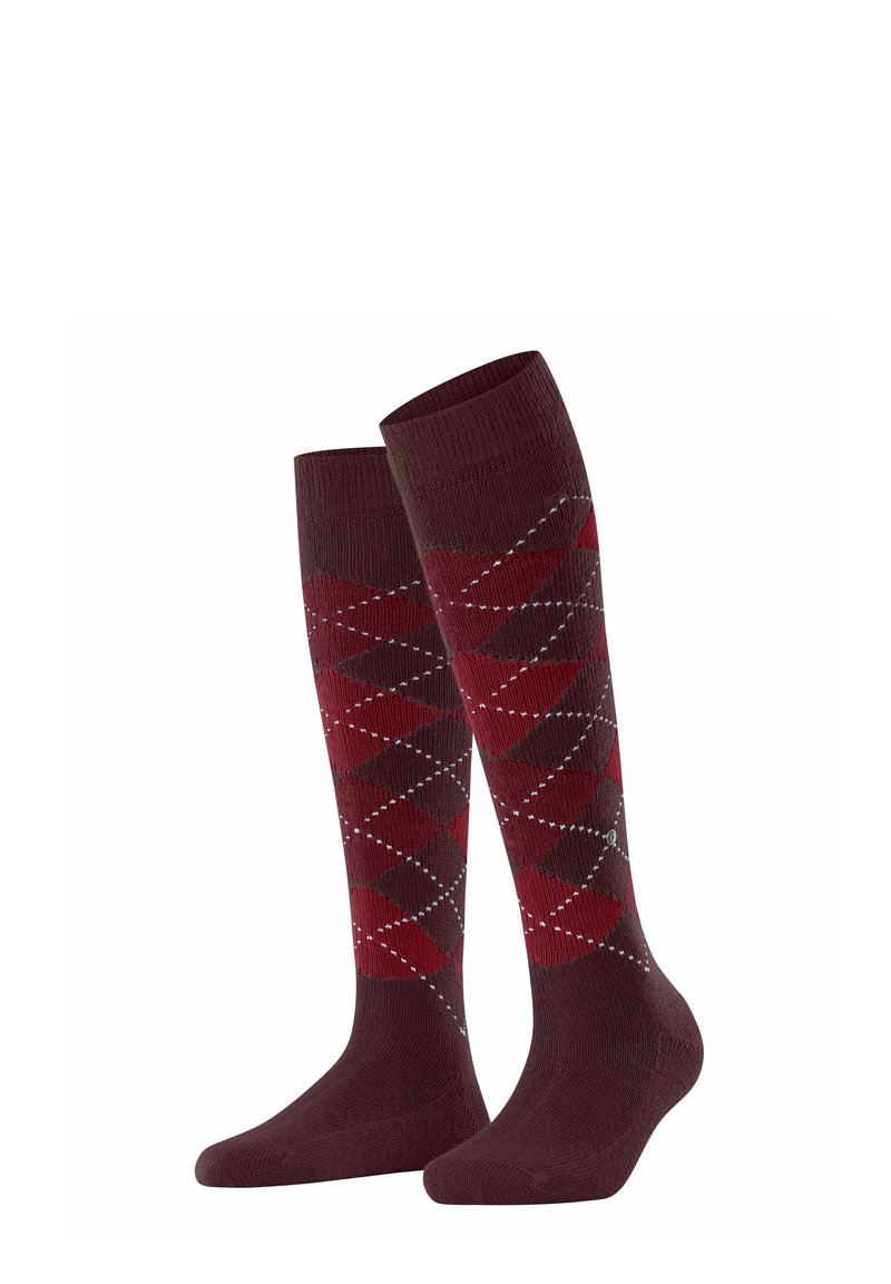 Calze al ginocchio di un profondo bordeaux con motivo argyle rosso e grigio. Realizzate in un materiale morbido e elastico con polsini a coste e punta rinforzata.