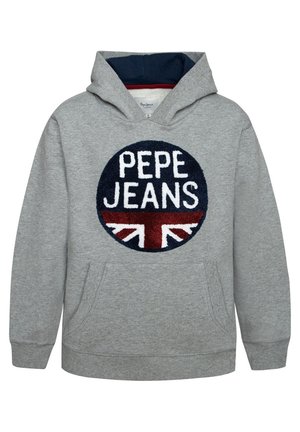 Szara bluza z kapturem i przednią kieszenią, z okrągłym logo „PEPE JEANS” nad stylizowaną brytyjską flagą w kolorach granatowym, białym i czerwonym.