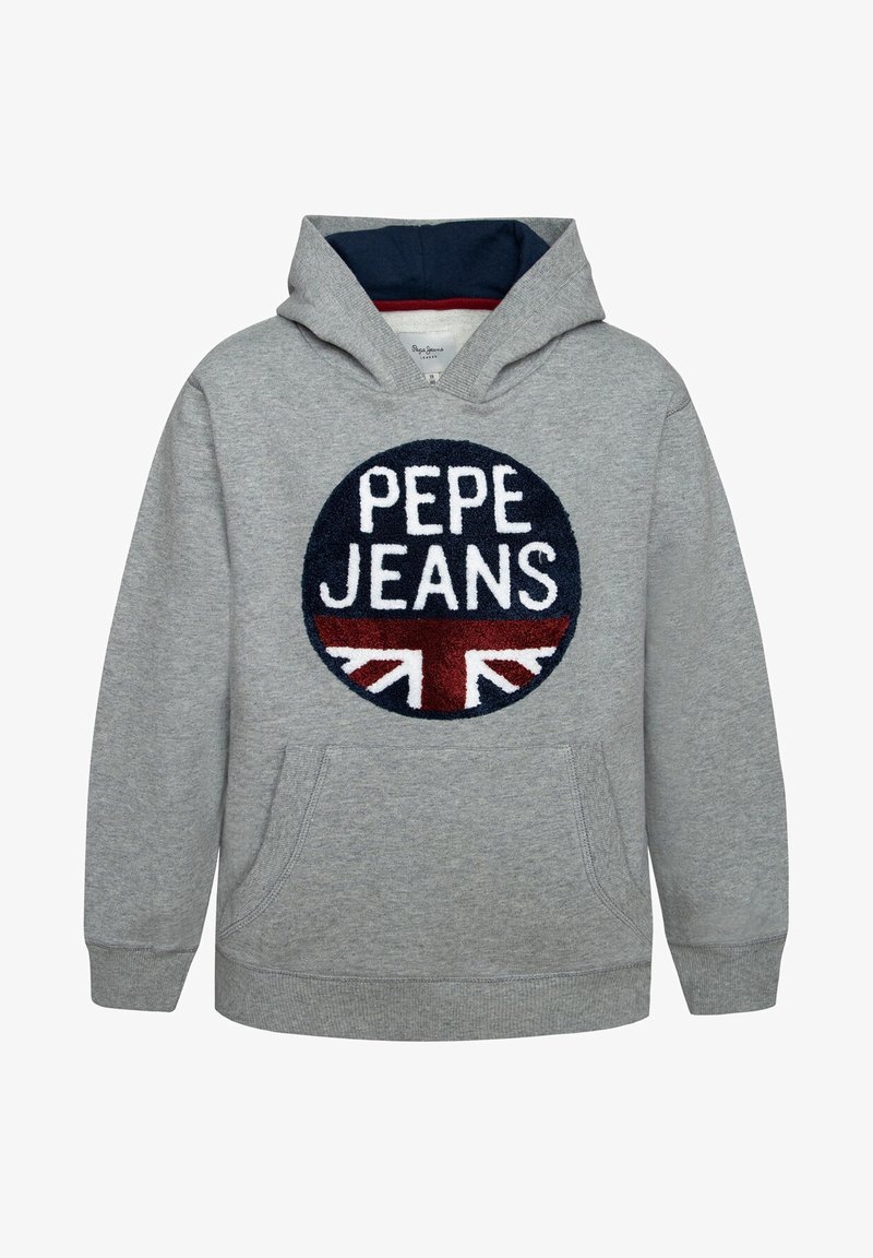 Sweat-shirt à capuche gris avec poche avant, arborant un logo circulaire "PEPE JEANS" au-dessus d'un drapeau britannique stylisé en bleu marine, blanc et rouge.