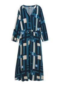 Long-sleeve, v-neck dress in dark blue, teal, and cream. Features a geometric pattern, buttons, and a tie at the waist. Soft fabric.